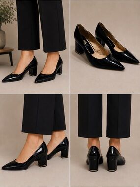 Zara Black Patent Pointed Block Heel Pumps